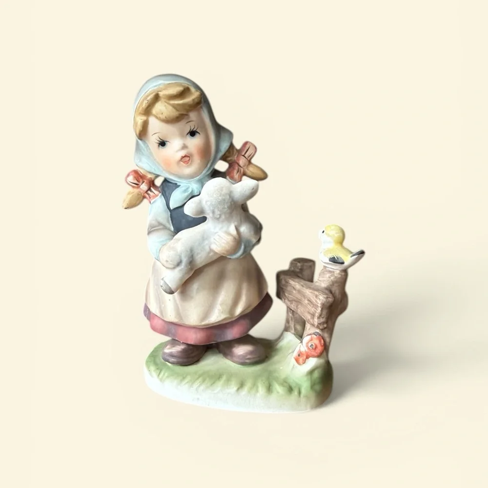 Vintage Royal Crown Porcelain Girl with Lamb Figurine Mid Century Japan